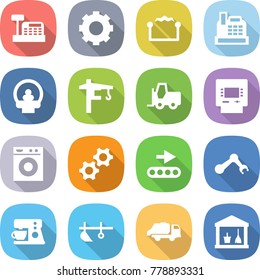 flat vector icon set - cashbox vector, gear, electrostatic, tomography, tower crane, fork loader, atm, washing machine, gears, conveyor, robot hand, coffee maker, plow, trash truck, utility room