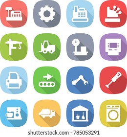 flat vector icon set - cashbox vector, gear, tower crane, fork loader, warehouse scales, atm, printer, conveyor, robot hand, blender, coffee maker, trash truck, utility room, washing machine