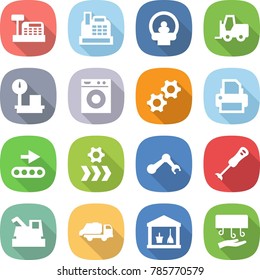 flat vector icon set - cashbox vector, tomography, fork loader, warehouse scales, washing machine, gears, printer, conveyor, robot hand, blender, harvester, trash truck, utility room, dryer