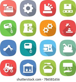 flat vector icon set - cashbox vector, gear, transporter tape, mixer, coffee maker, gears, press, robot hand, harvester, tractor, utility room, washing powder, dryer