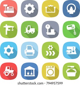 flat vector icon set - cashbox vector, gear, electrostatic, tomography, tower crane, fork loader, warehouse scales, mixer, printer, conveyor, coffee maker, tractor, utility room, washing machine