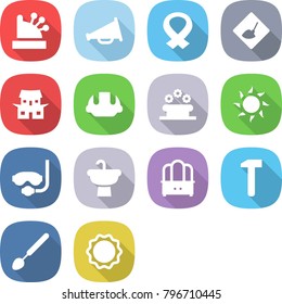 flat vector icon set - cashbox vector, loudspeaker, medical harness, under construction, japanese house, building helmet, flower bed, sun, diving mask, sink, dresser, hammer, big spoon