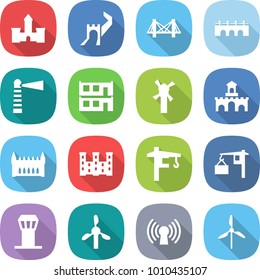 flat vector icon set - castle vector, greate wall, bridge, lighthouse, modular house, windmill, fort, gothic architecture, palace, tower crane, loading, airport, antenna