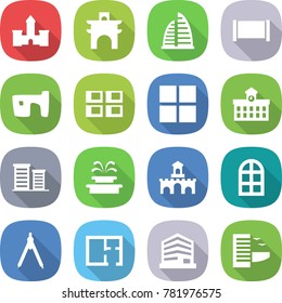 flat vector icon set - castle vector, arch, skyscraper, fence, slum, panel house, window, university, district, fountain, fort, drawing compasses, plan, office, hotel