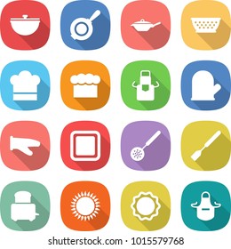 flat vector icon set - cauldron vector, pan, colander, cook hat, chief, apron, glove, cutting board, skimmer, spatula, toaster, gas oven, induction