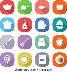 flat vector icon set - cauldron vector, saute pan, colander, cook hat, apron, glove, egg timer, whisk, skimmer, toaster, gas oven, elecric, induction, sieve