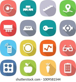 flat vector icon set - cell corection vector, block wall, stairs, geo pin, truck shipping, taxi, key, connect, mobile phone, orbit, analytics, 3d glasses, hob, apple, carrot, clipboard list