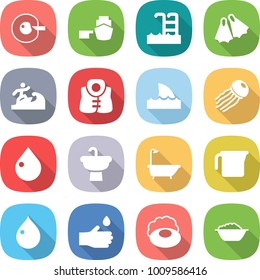 flat vector icon set - cell corection vector, port, pool, flippers, surfer, life vest, shark flipper, jellyfish, drop, sink, bath, measuring cup, hand, soap, foam basin