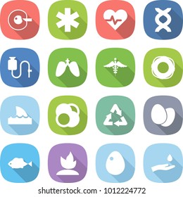flat vector icon set - cell corection vector, ambulance star, heart pulse, dna, dropper, lungs, sign, lifebuoy, shark flipper, atom core, recycle, eggs, fish, sprouting, egg, hand and drop
