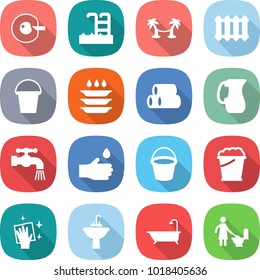 flat vector icon set - cell corection vector, pool, palm hammock, radiator, bucket, plate washing, pipes, jug, water tap, hand drop, foam, wiping, sink, bath, toilet cleaning