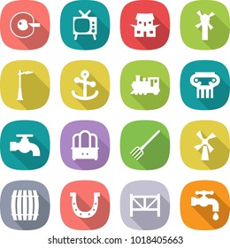 flat vector icon set - cell corection vector, tv, japanese house, windmill, outdoor light, anchor, train, antique column, water tap, dresser, fork, barrel, horseshoe, farm fence