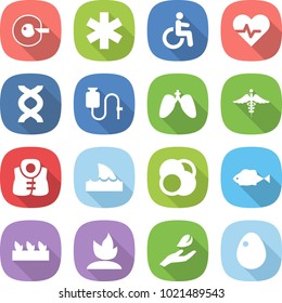 flat vector icon set - cell corection vector, ambulance star, disability, heart pulse, dna, dropper, lungs, sign, life vest, shark flipper, atom core, fish, seedling, sprouting, hand leaf, egg