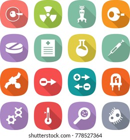 flat vector icon set - cell corection vector, nuclear, dna modify, artificial insemination, pill, recipe, flask, syringe, satellite, electron, charge particle, led, edit, thermometer, viruses