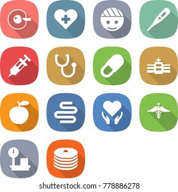 flat vector icon set - cell corection vector, heart cross, bandaged head, medical thermometer, syringe, stethoscope, pill, hospital, apple, intestines, health care, ambulance sign, warehouse scales