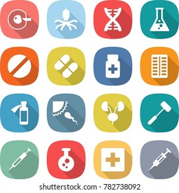 flat vector icon set - cell corection vector, virus, dna, flask, pill, pills bottle, blister, potion, sperm, kidneys, doctors hammer, syringe, chemical, first aid