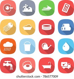 flat vector icon set - cell corection vector, surfer, jet ski, inflatable mattress, jellyfish, washing, pool, pipes, rain cloud, bucket, watering can, drop, water tap, soap, bath, home call cleaning
