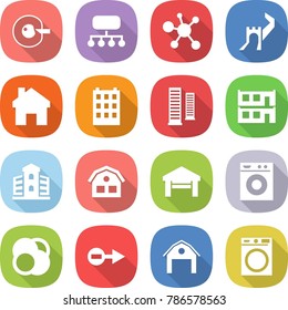flat vector icon set - cell corection vector, structure, virus, greate wall, home, building, skyscrapers, modular house, garage, washing machine, atom core, electron, barn