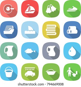 flat vector icon set - cell corection vector, sail boat, flippers, jet ski, cruise ship, shark flipper, towels, pipes, jug, fish, drop, bucket, car wash, foam basin, toilet cleaning