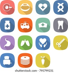 flat vector icon set - cell corection vector, smart bracelet, heart cross, dna, pills bottle, ambulance car, medical hat, tooth, stomach, lungs, health care, surgical clamp, toaster, pancakes