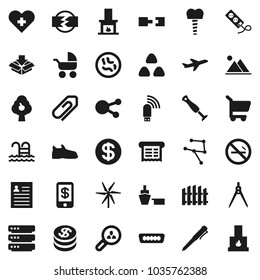 Flat vector icon set - cereal vector, drawing compass, pen, personal information, snickers, pool, no smoking, plane, port, social media, hdmi, heart cross, microbs, tooth implant, network, big data