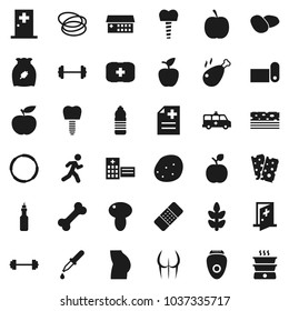 Flat vector icon set - cereal vector, mushroom, potato, chicken leg, oil, apple fruit, diet, barbell, buttocks, water bottle, fitness mat, cereals, breads, first aid kit, bone, hoop, run, dropper