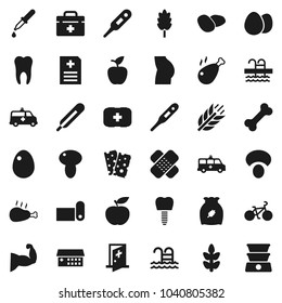 Flat vector icon set - cereal vector, egg, mushroom, potato, chicken leg, apple fruit, diet, bike, muscule hand, buttocks, fitness mat, cereals, breads, pool, first aid kit, bone, doctor bag, patch