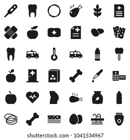Flat vector icon set - cereal vector, egg, potato, chicken leg, apple fruit, diet, heart pulse, buttocks, water bottle, cereals, breads, pool, first aid kit, bone, hoop, thermometer, dropper, patch