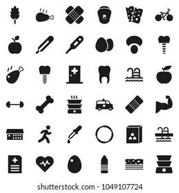 Flat vector icon set - cereal vector, egg, mushroom, chicken leg, apple fruit, diet, barbell, heart pulse, bike, muscule hand, water bottle, breads, pool, bone, hoop, run, thermometer, dropper