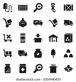 Flat vector icon set - cereal vector, pasta, delivery, wood box, cargo, no trolley, hook, warehouse, package, search, pills bottle, drop counter, relocation truck