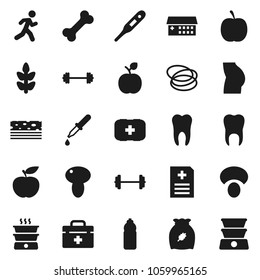 Flat vector icon set - cereal vector, mushroom, apple fruit, diet, barbell, buttocks, water bottle, cereals, breads, first aid kit, bone, hoop, run, doctor bag, thermometer, dropper, anamnesis