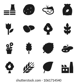 Flat vector icon set - cereal vector, potato, leaf, cereals, tulip, pond, fruit tree, flower in pot, factory