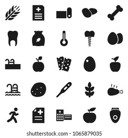 Flat vector icon set - cereal vector, egg, potato, chicken leg, apple fruit, diet, fitness mat, cereals, breads, pool, bone, run, thermometer, anamnesis, hospital building, tooth, implant, epilator