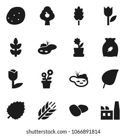 Flat vector icon set - cereal vector, potato, leaf, cereals, tulip, pond, fruit tree, flower in pot, factory