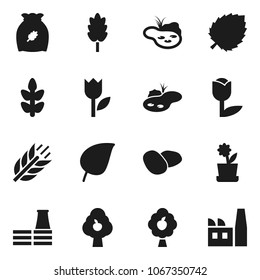 Flat vector icon set - cereal vector, potato, leaf, cereals, tulip, pond, fruit tree, flower in pot, factory