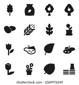 Flat vector icon set - cereal vector, potato, leaf, cereals, tulip, pond, fruit tree, flower in pot, factory