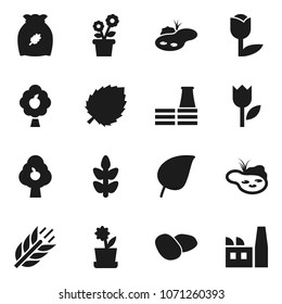 Flat vector icon set - cereal vector, potato, leaf, cereals, tulip, pond, fruit tree, flower in pot, factory