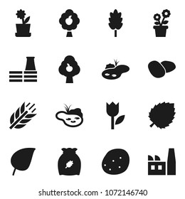 Flat vector icon set - cereal vector, potato, leaf, cereals, tulip, pond, fruit tree, flower in pot, factory
