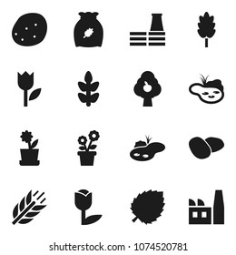 Flat vector icon set - cereal vector, potato, leaf, cereals, tulip, pond, fruit tree, flower in pot, factory