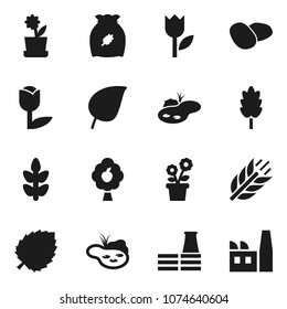 Flat vector icon set - cereal vector, potato, leaf, cereals, tulip, pond, fruit tree, flower in pot, factory