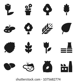 Flat vector icon set - cereal vector, potato, leaf, cereals, tulip, pond, fruit tree, flower in pot, factory