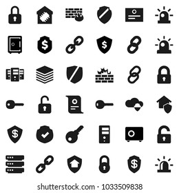 Flat vector icon set - certificate vector, dollar shield, safe, protected, link, cloud, big data, server, firewall, chain, lock, key, siren, unlock, smart home, protect, password
