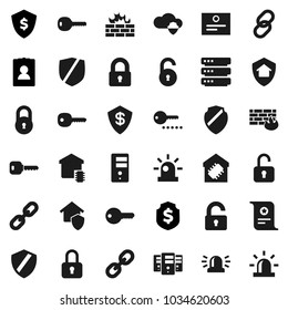 Flat vector icon set - certificate vector, personal information, dollar shield, protected, link, cloud, big data, server, firewall, chain, lock, unlock, key, siren, smart home, protect, password