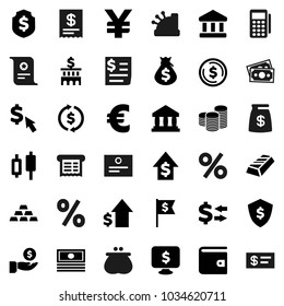 Flat vector icon set - certificate vector, bank, exchange, dollar coin, gold ingot, japanese candle, wallet, cash, money bag, investment, growth, stack, building, flag, shield, monitor, cursor, yen