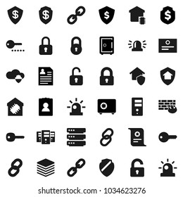 Flat vector icon set - certificate vector, personal information, dollar shield, safe, link, cloud, big data, server, firewall, chain, lock, key, siren, unlock, smart home, protect, password
