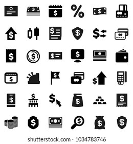 Flat vector icon set - certificate vector, exchange, dollar coin, japanese candle, credit card, wallet, cash, growth, stack, bank building, receipt, money search, flag, shield, calendar, monitor