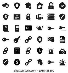Flat vector icon set - certificate vector, personal information, dollar shield, safe, protected, link, cloud, big data, server, firewall, chain, lock, key, siren, unlock, smart home, protect