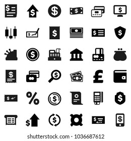 Flat Vector Icon Set - Certificate Vector, Bank, Exchange, Dollar Coin, Japanese Candle, Credit Card, Wallet, Cash, Growth, Check, Receipt, Money Search, Shield, Monitor, Any Currency, Pound, Reader