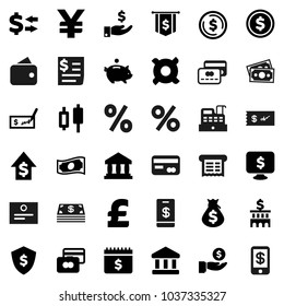 Flat vector icon set - certificate vector, bank, exchange, dollar coin, japanese candle, credit card, cash, money bag, piggy, investment, growth, check, building, flag, shield, calendar, monitor