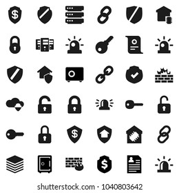 Flat vector icon set - certificate vector, personal information, dollar shield, safe, protected, link, cloud, big data, server, firewall, chain, lock, key, siren, unlock, smart home, protect