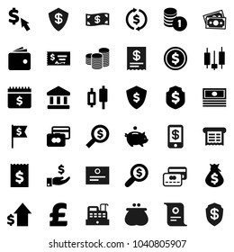 Flat vector icon set - certificate vector, bank, exchange, dollar coin, japanese candle, credit card, wallet, cash, money bag, piggy, investment, growth, stack, check, receipt, search, flag, shield